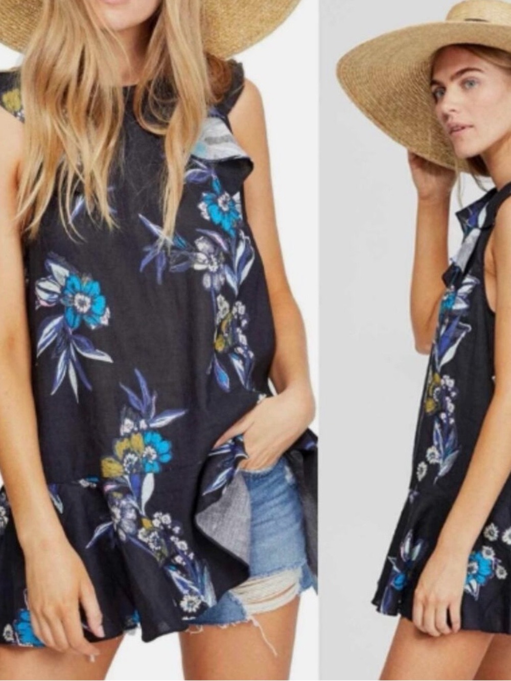 Free People Black Floral Ruffle-Hem Tank with Blue Accents